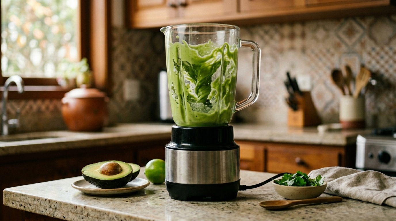Liquidificador em funcionamento com um creme verde espesso girando no copo de vidro. Ao lado, sobre a bancada de granito claro, há meio abacate com caroço, um limão verde e algumas folhas frescas.