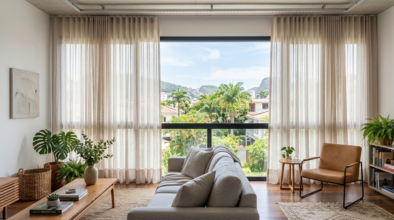 Sala de estar com ampla janela de esquadria preta exibindo paisagem com árvores e montanhas. Cortinas longas de tecido claro com pregas cobrem as laterais da janela. Há um sofá cinza, poltrona de couro marrom e várias plantas pelo ambiente.