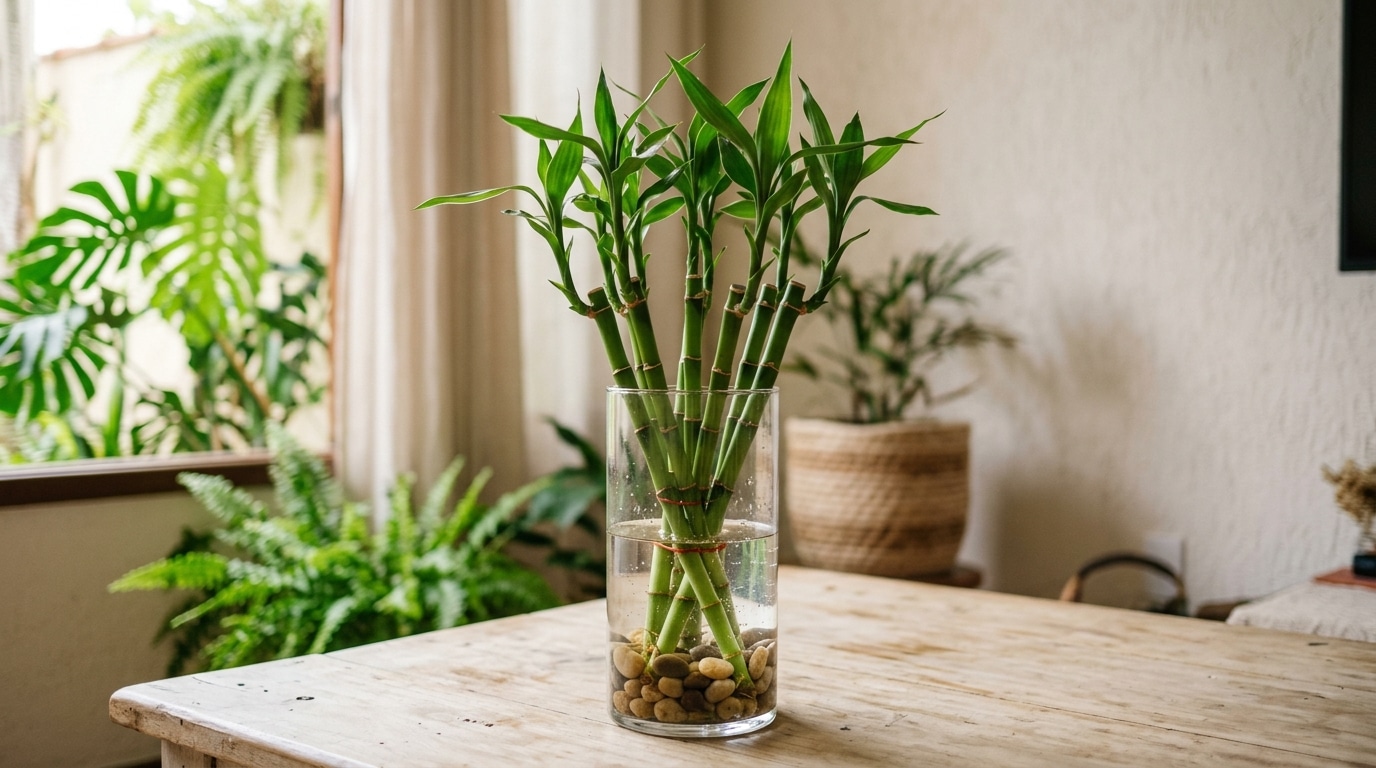 Hastes verdes de bambu-da-sorte agrupadas e amarradas, cultivadas em um vaso cilíndrico de vidro com água e pedras de rio no fundo, sobre uma mesa de madeira rústica.