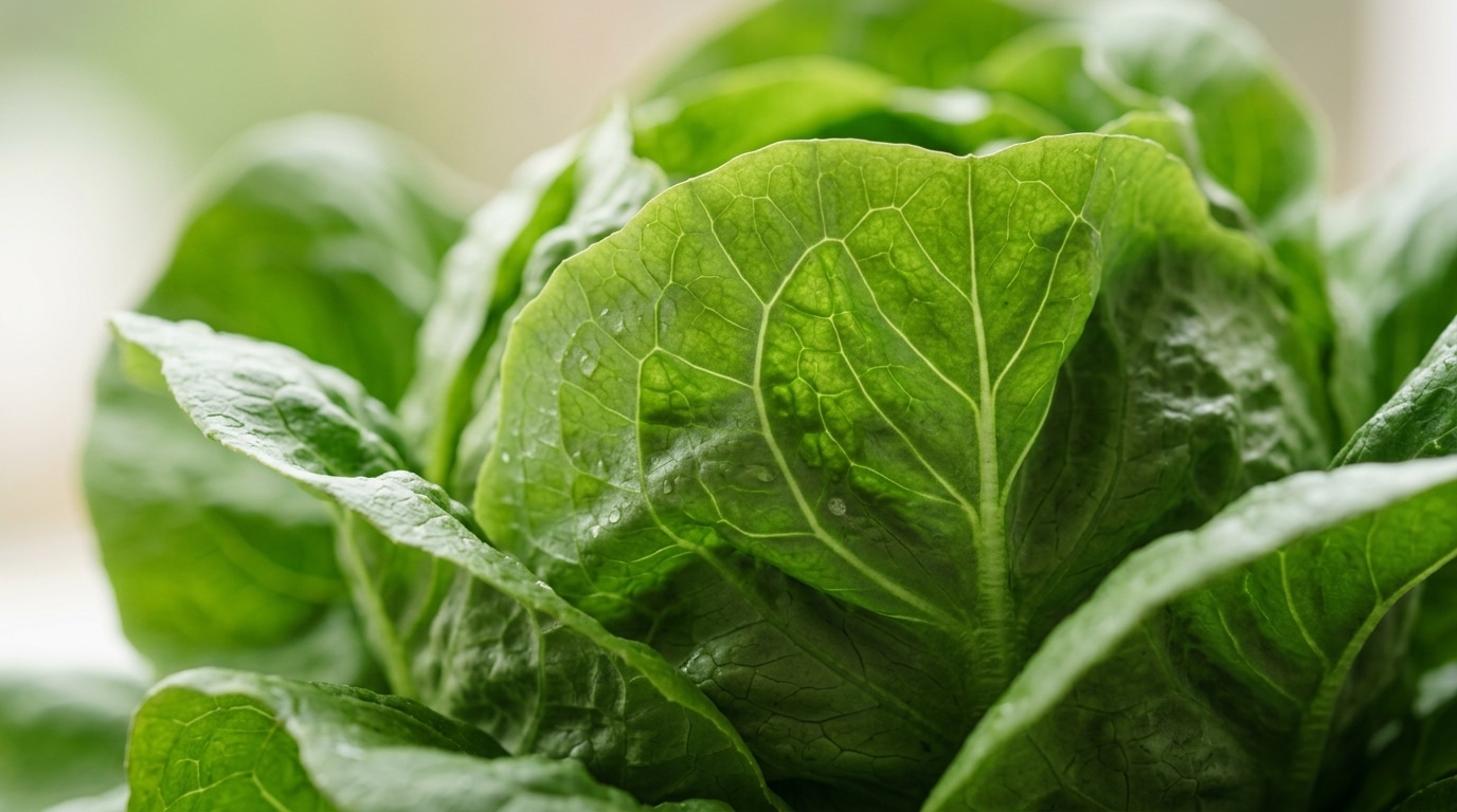 Fotografia em macro de folhas de alface verde muito frescas e crocantes, detalhando as texturas das nervuras e pequenas gotas de água brilhando na superfície.