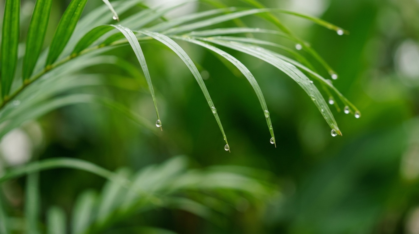 Foto macro aproximada de folhas finas e verdes de palmeira areca com gotas de água cristalinas pendendo nas pontas, sob fundo verde esmeralda desfocado.