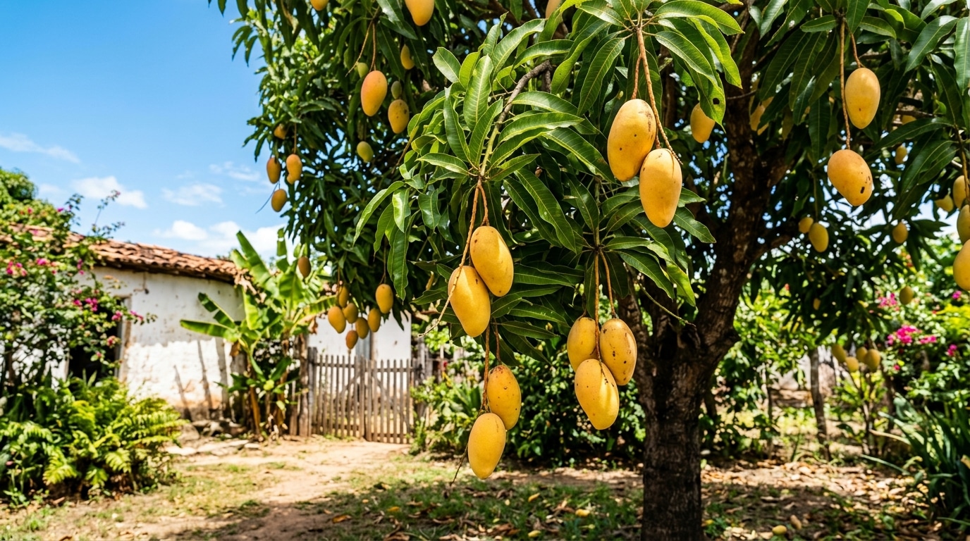Árvore de mangueira repleta de mangas amarelas maduras penduradas em seus galhos com folhas verdes. Ao fundo, um quintal rústico ensolarado com uma casa branca de telhado de barro e uma cerca de madeira.
