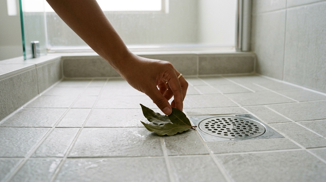 Mão segurando três folhas verdes de louro sobre um ralo metálico quadrado no piso de cerâmica clara de um chuveiro.