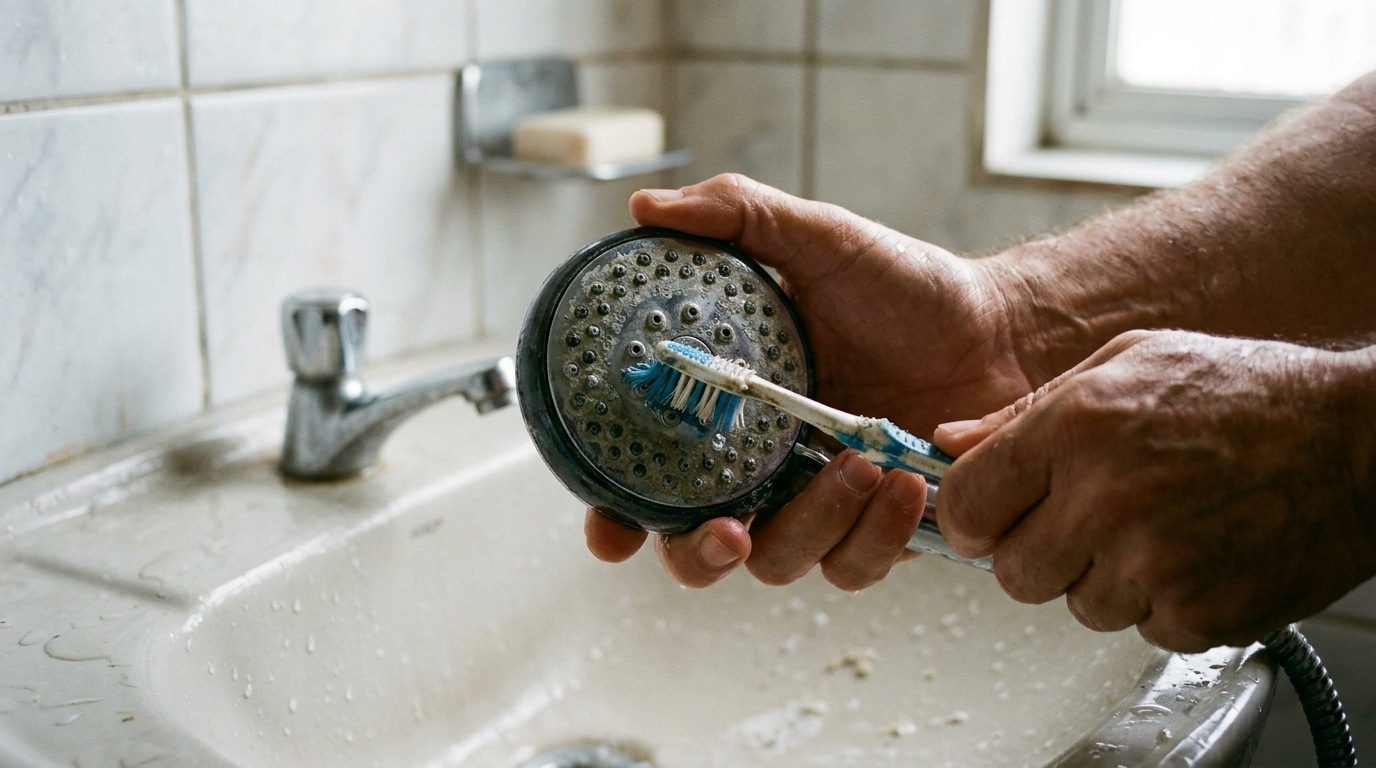 Mão segurando um chuveiro de mão sobre uma pia e esfregando-o com uma pequena escova de dentes para remover incrustações.