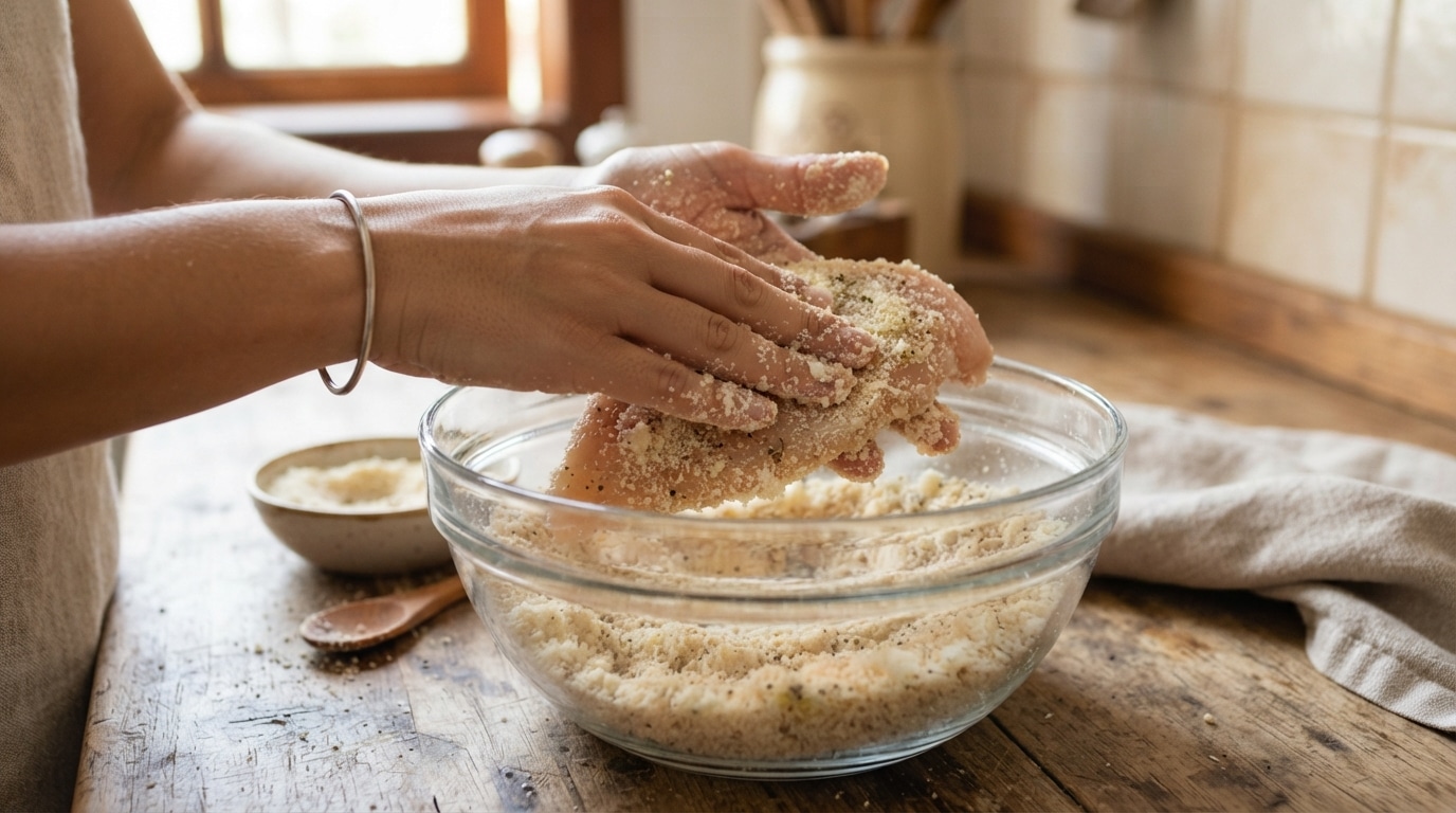 Mãos pressionando um filé de frango cru em uma tigela de vidro contendo uma mistura de farinha de amêndoas temperada sobre uma bancada de madeira.