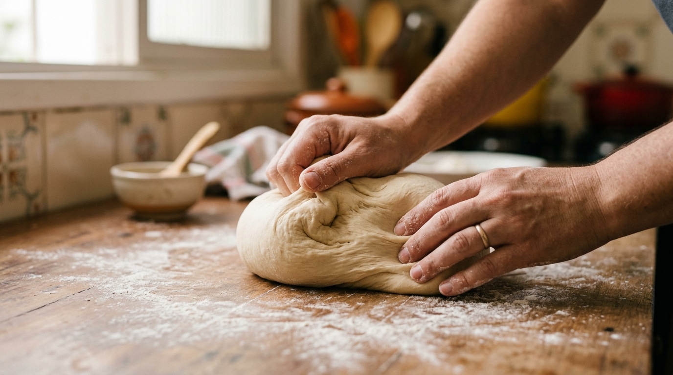 Imagem em close de mãos masculinas sovando vigorosamente uma massa lisa e elástica de pão sobre uma bancada de madeira rústica que está polvilhada com farinha de trigo.