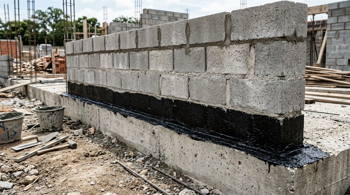 Parede de blocos de cimento recém-construída sobre uma fundação, com a parte inferior coberta por uma espessa camada de impermeabilizante preto.