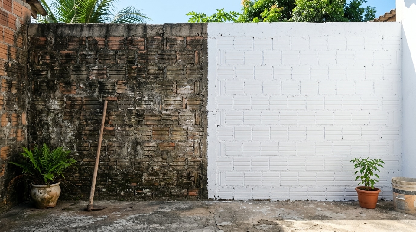 Muro de alvenaria dividido ao meio, com o lado esquerdo escurecido e coberto por limo, contrastando diretamente com o lado direito recém-pintado de branco brilhante.
