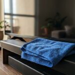 Um pano de microfibra azul dobrado descansando sobre a estrutura de uma soundbar preta logo abaixo da tela de uma TV de LED, em uma sala de estar com plantas decorativas.