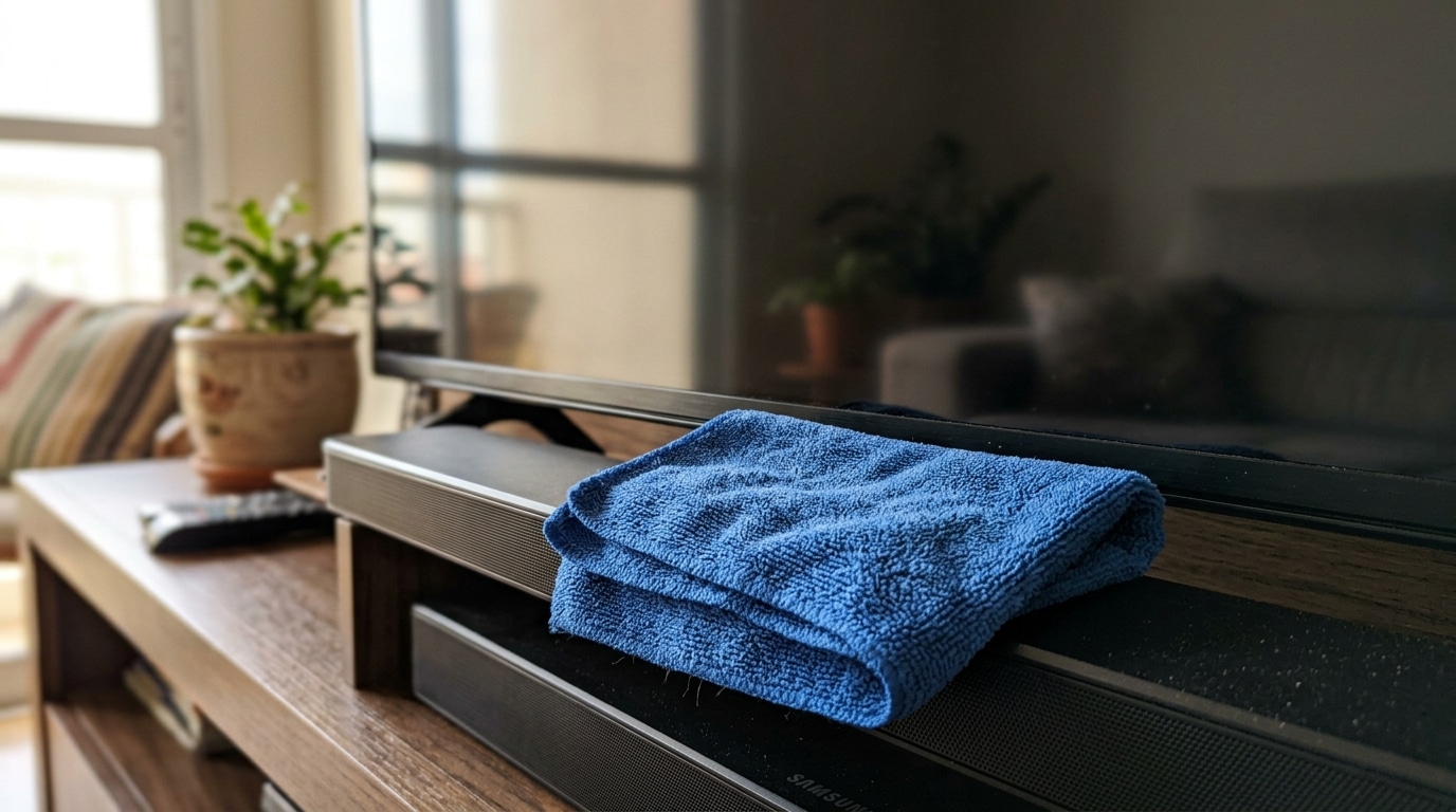 Um pano de microfibra azul dobrado descansando sobre a estrutura de uma soundbar preta logo abaixo da tela de uma TV de LED, em uma sala de estar com plantas decorativas.