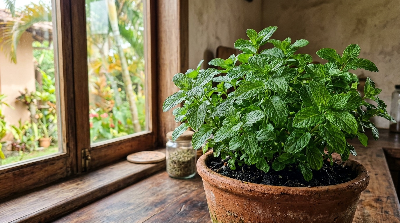 Um vaso rústico de terracota transbordando com folhas verdes e viçosas de hortelã, posicionado sobre o parapeito de madeira de uma janela aberta, com um jardim iluminado ao fundo.