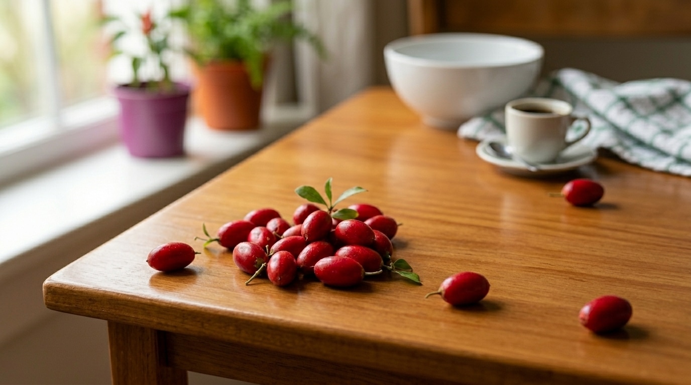 Frutos vermelhos e alongados de miraculina espalhados sobre uma mesa de madeira polida, com uma xícara de café e um pano quadriculado desfocados ao fundo.