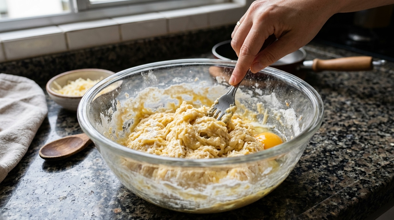 Imagem em close de mãos usando um garfo para misturar vigorosamente polvilho, ovo e queijo ralado dentro de uma tigela de cerâmica, formando a massa base da receita.