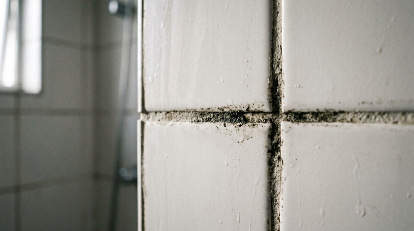 Fotografia em close-up evidenciando o cruzamento de quatro azulejos brancos de banheiro. As linhas do rejunte estão com aspecto áspero, escurecidas e tomadas por mofo incrustado devido à umidade.