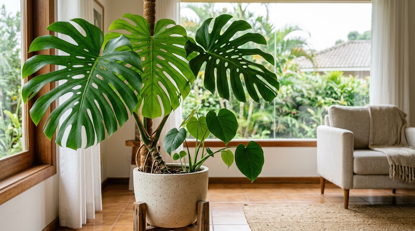 Planta Costela-de-Adão grande com folhas fenestradas em um vaso de cerâmica claro sobre suporte de madeira. A planta está amarrada a um tutor de musgo em uma sala de estar bem iluminada com poltrona ao fundo.