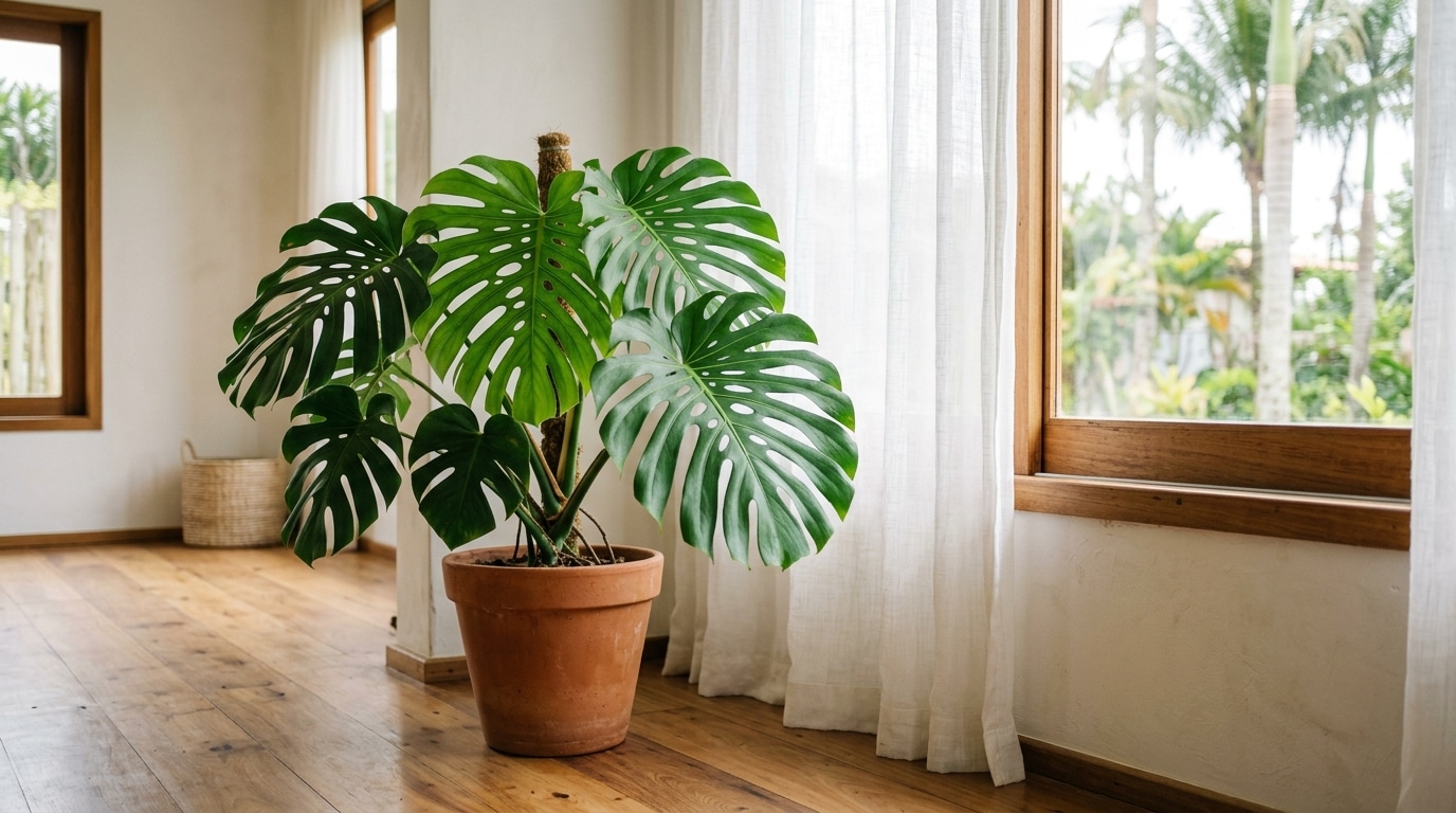 Vaso de barro no chão de madeira contendo uma Costela-de-Adão volumosa. A planta está posicionada ao lado de uma janela grande com cortinas brancas translúcidas, revelando um jardim com palmeiras no exterior.