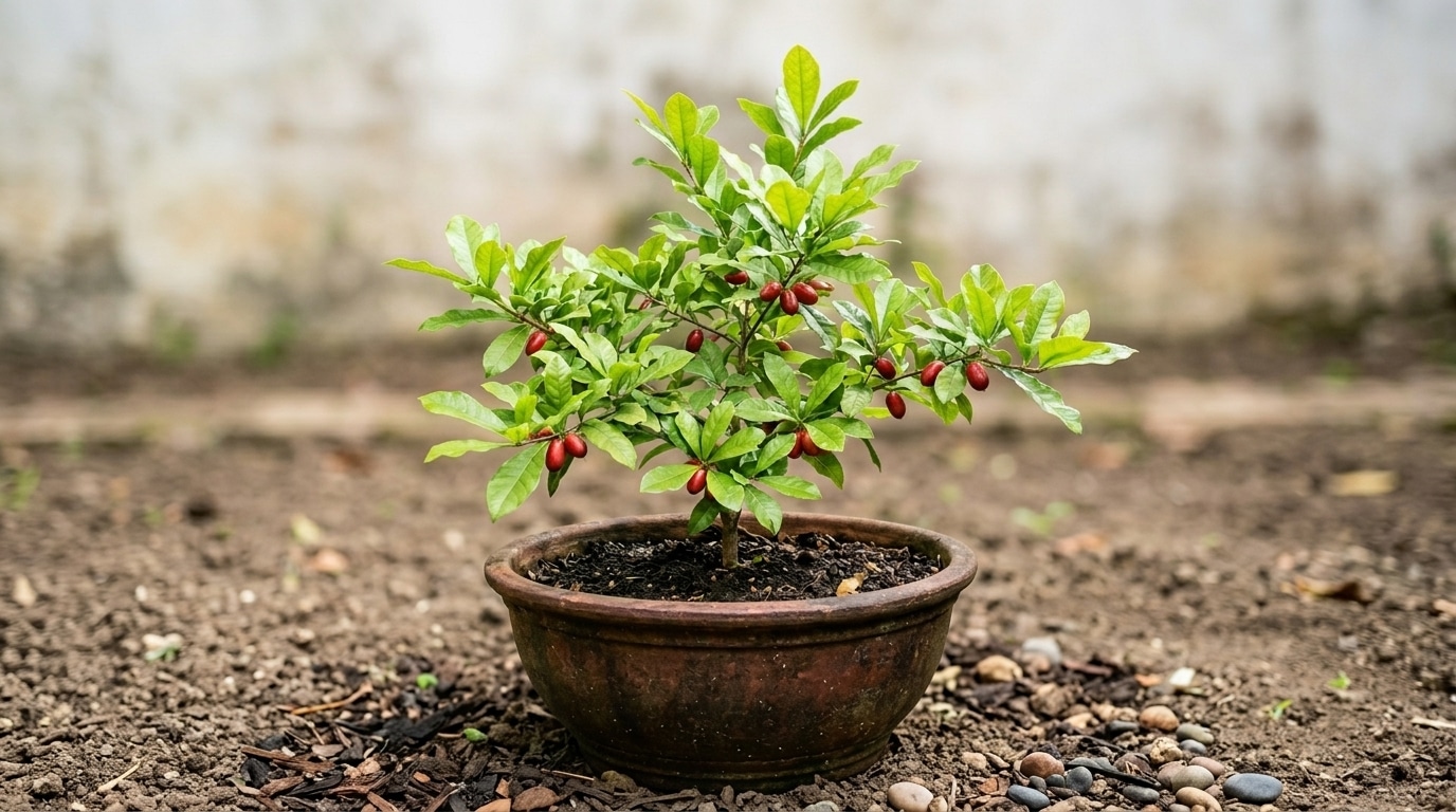 Pequena muda de miraculina com folhas verdes e frutinhos vermelhos plantada em um vaso rústico de barro, apoiado diretamente na terra do quintal.