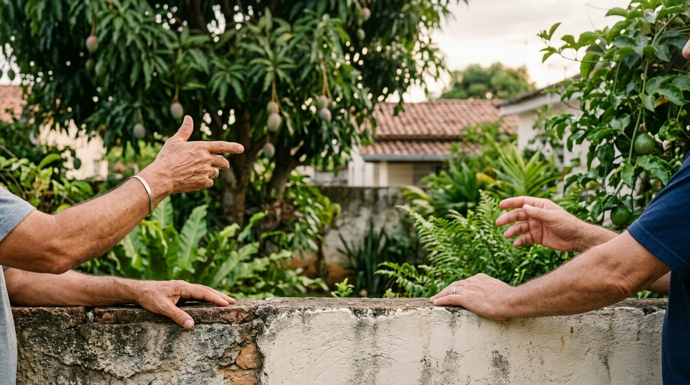 Braços e mãos de dois homens gesticulando enquanto conversam sobre um muro divisório de concreto rústico, com diversas árvores e folhagens ao fundo.