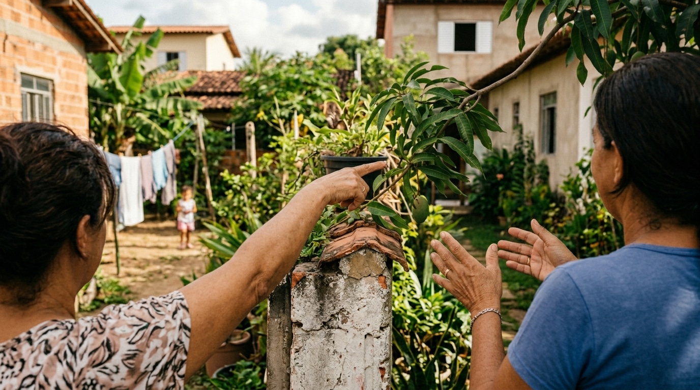 Duas mulheres conversando sobre um muro baixo em um quintal, com uma delas apontando para o galho de uma mangueira que cruza a divisa.
