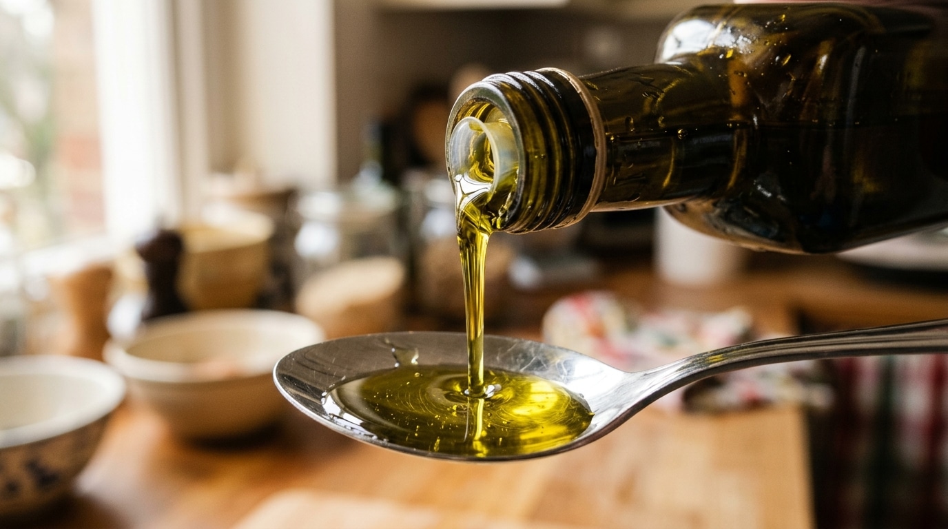 Um fio contínuo de azeite de oliva dourado e brilhante sendo derramado de uma garrafa de vidro escuro diretamente em uma colher de metal, com uma cozinha aconchegante desfocada ao fundo.