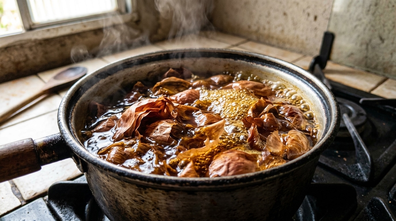 Panela rústica com cabo de madeira no fogão, fervendo várias cascas de cebola em água borbulhante que formam um líquido escuro e rico, com vapor subindo pela cozinha.