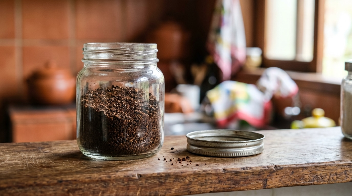 Um pote de vidro transparente cheio de café em pó, com sua tampa metálica aberta ao lado e alguns grãos espalhados sobre uma bancada rústica de madeira.