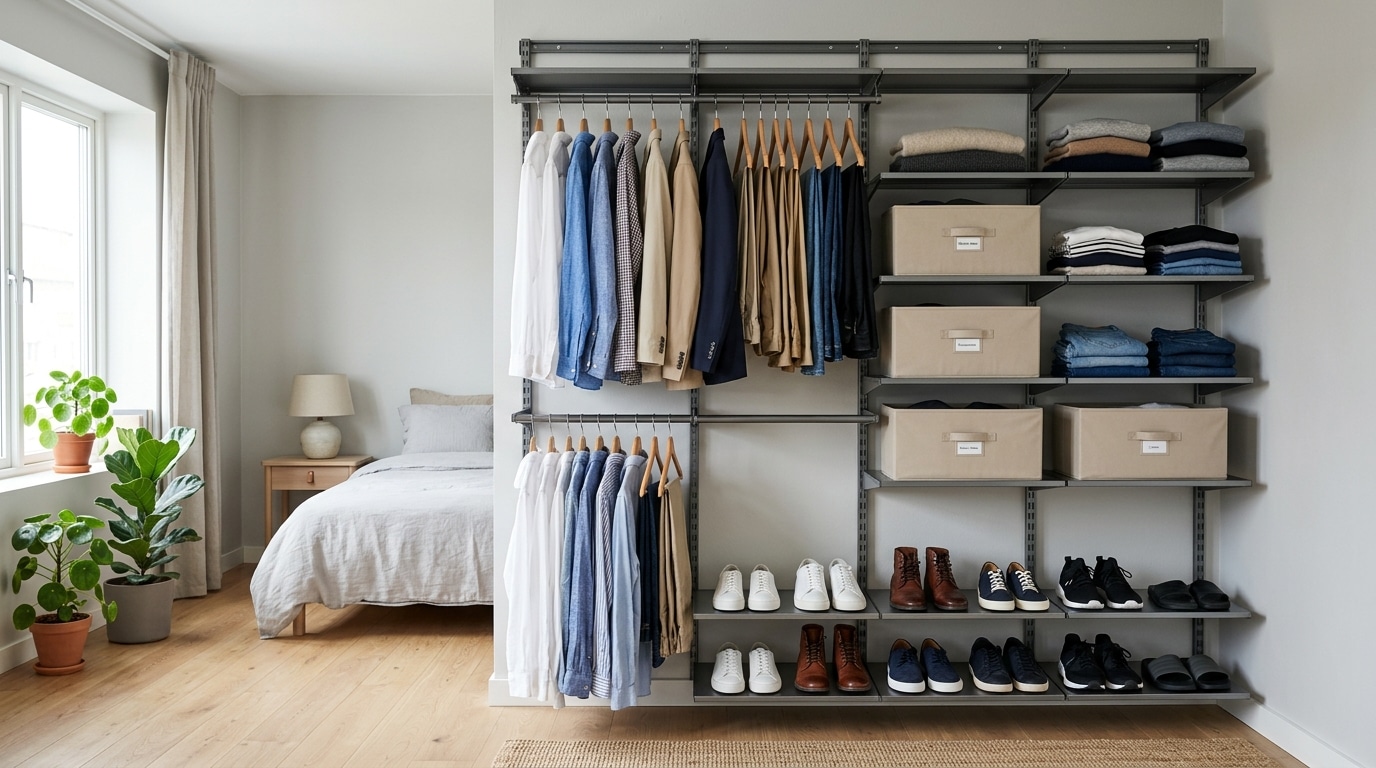 Sistema de closet aberto modular de metal, instalado em um quarto claro. O espaço contém roupas separadas por cor em cabides de madeira, caixas organizadoras de tecido e prateleiras com sapatos perfeitamente alinhados.