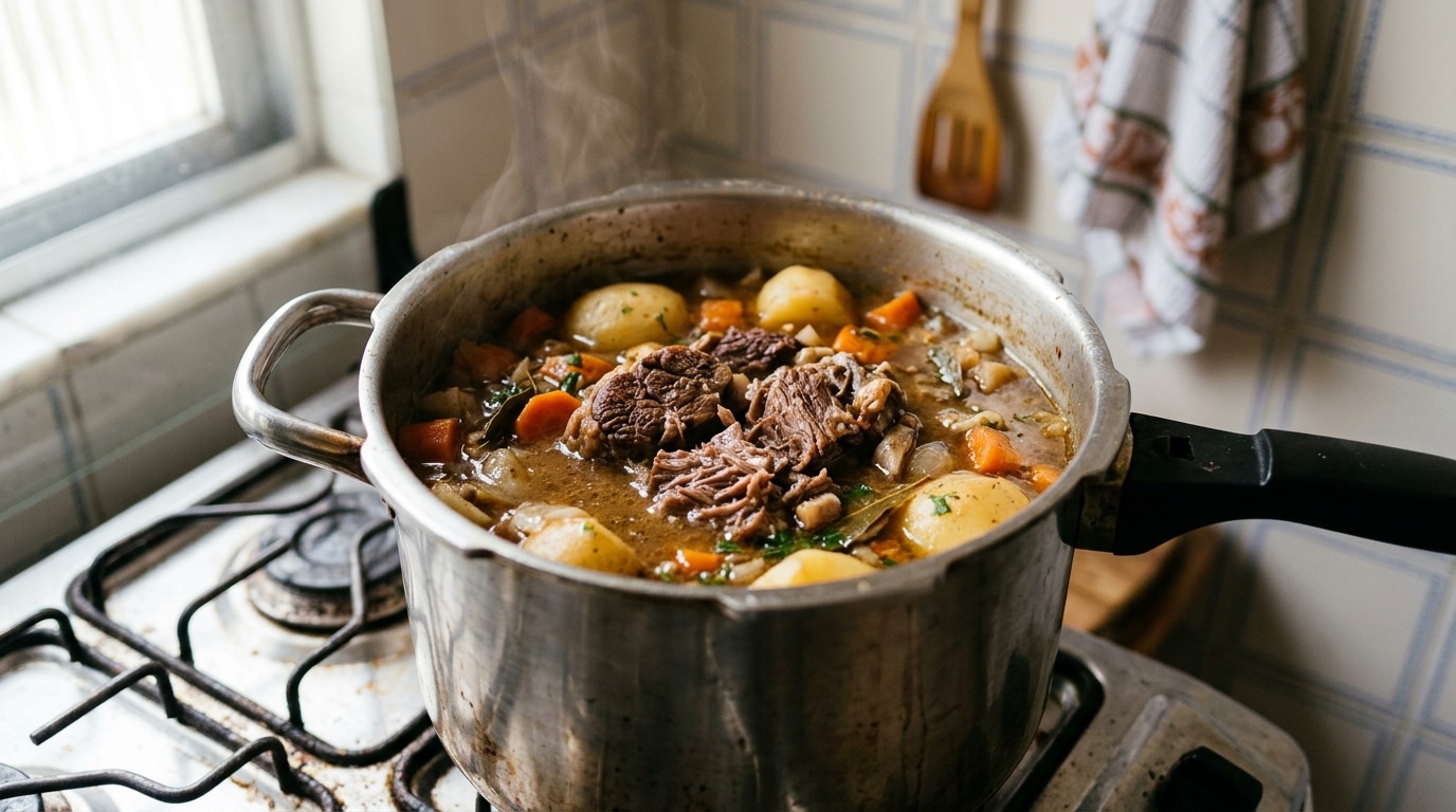 Panela de pressão de alumínio destampada sobre a trempe de um fogão a gás, contendo um ensopado fumegante com pedaços de carne macia, batatas inteiras, rodelas de cenoura e folhas de louro em um caldo espesso.