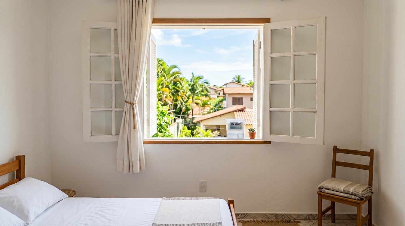 Quarto claro com cama arrumada e uma grande janela de madeira aberta, permitindo a entrada de luz solar e ventilação, com um pote antimofo no parapeito.