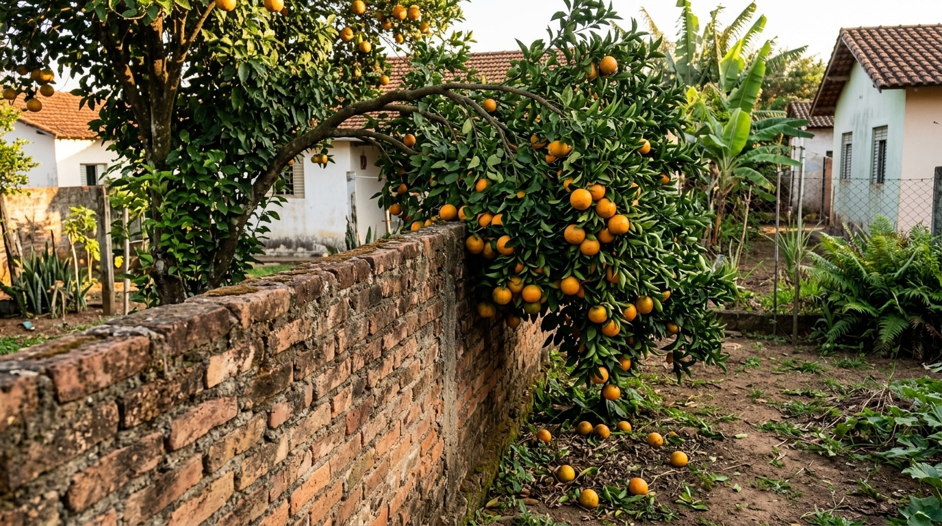 Laranjeira carregada de frutos com um grande galho inclinado e pendendo por cima de um muro de tijolos sem reboco, invadindo o terreno ao lado.