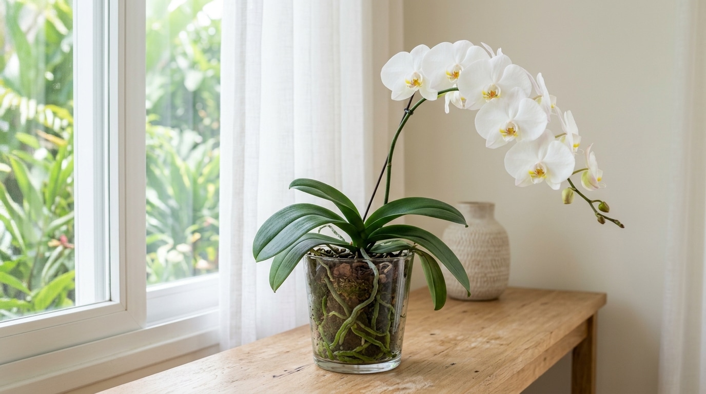 Haste floral longa e curvada com grandes flores brancas de orquídea, cultivada em um vaso de vidro transparente repleto de raízes verdes saudáveis, repousando sobre um aparador de madeira clara.