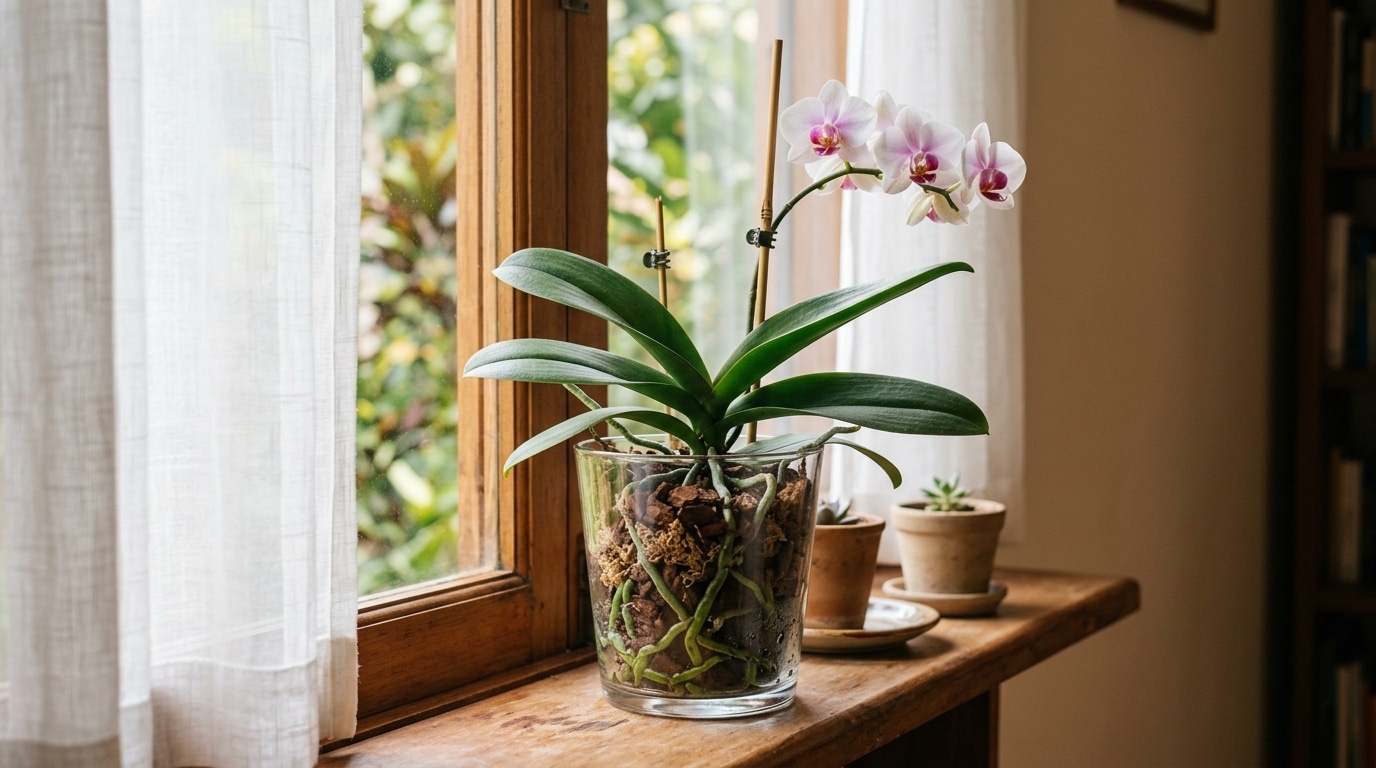Orquídea Phalaenopsis com flores brancas e miolo rosa cultivada em um vaso de vidro transparente posicionado no parapeito de uma janela de madeira, deixando as raízes verdes e o substrato visíveis.