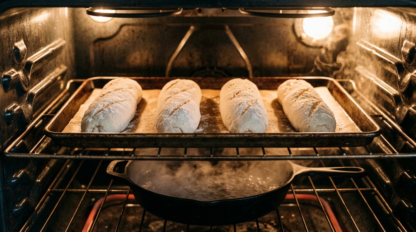 Quatro pães franceses crus modelados e com o corte clássico na superfície (pestana), acomodados em uma assadeira dentro de um forno caseiro aceso. Na grade inferior, há uma panela de ferro exalando bastante vapor de água.
