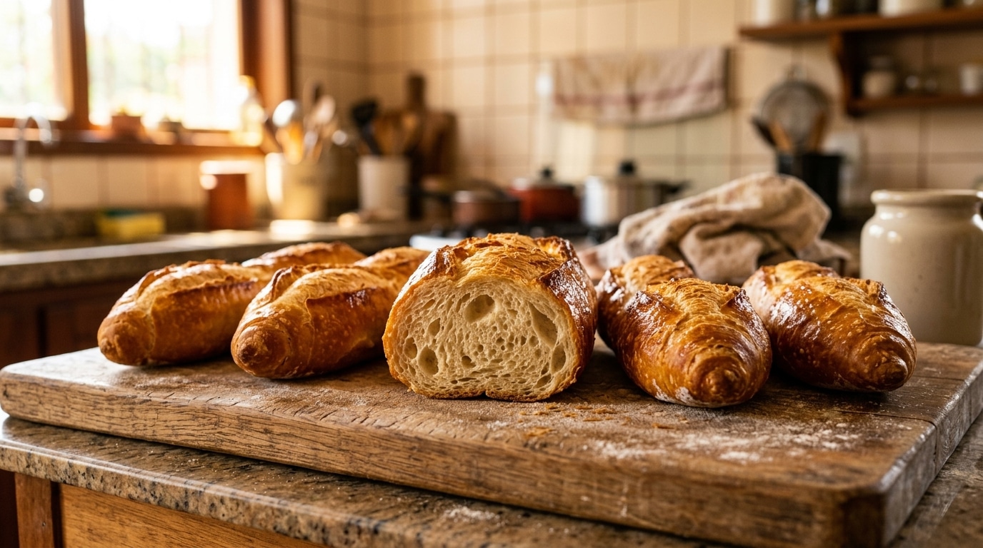Pães franceses assados com casca bem dourada e brilhante sobre uma tábua de madeira rústica em uma cozinha iluminada. Um dos pães está cortado ao meio, exibindo um miolo leve, aerado e cheio de alvéolos.