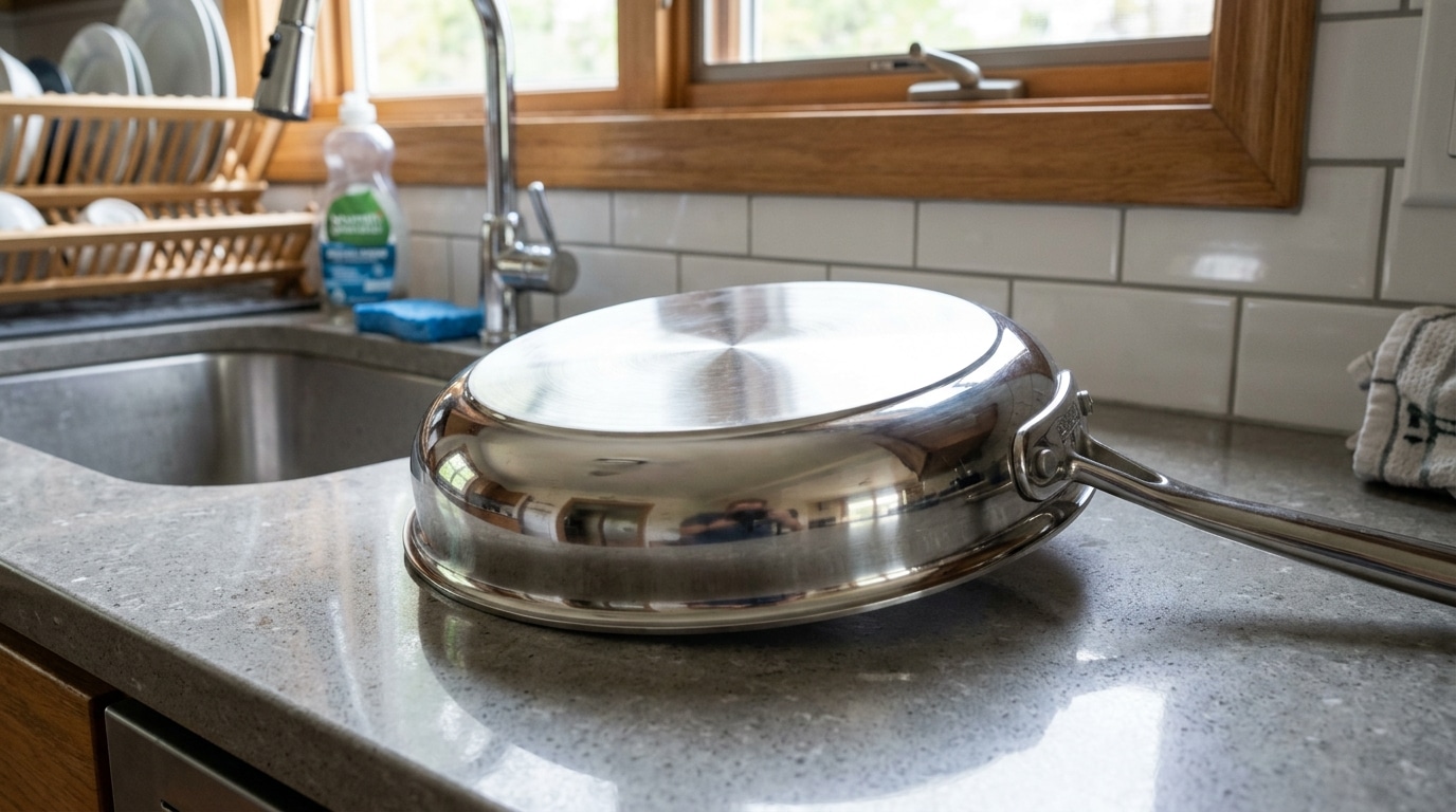 Fundo externo de uma panela de aço inox limpo e brilhante, refletindo a luz natural da janela, posicionado de cabeça para baixo sobre uma bancada de granito.