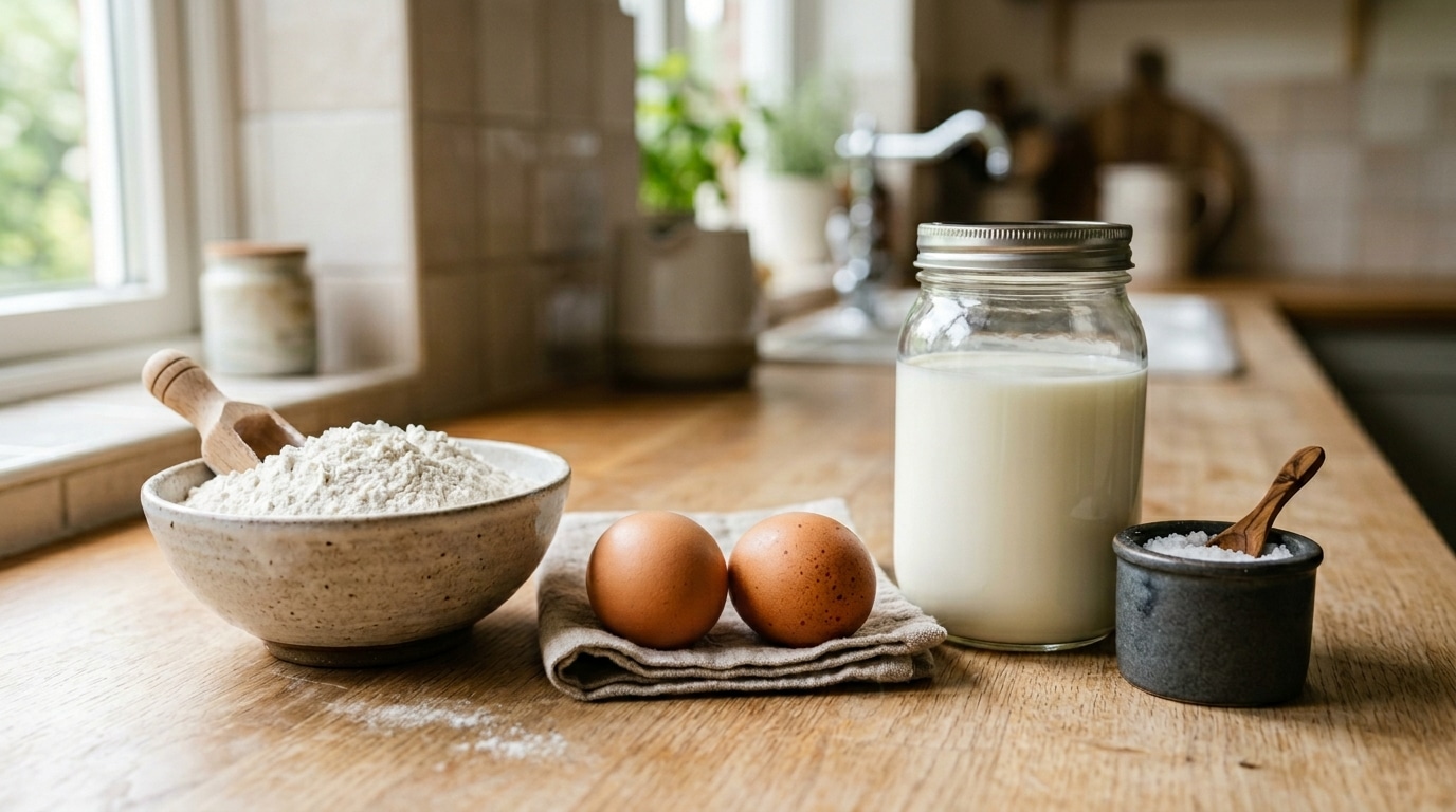 Bancada de madeira clara com ingredientes para panqueca: uma tigela rústica com farinha de trigo, dois ovos caipiras sobre um pano de prato, um pote de vidro com leite e um pequeno pote com sal.