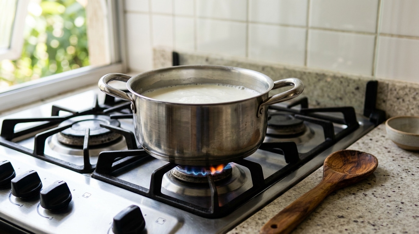Panela de inox com leite aquecendo sobre a chama acesa de um fogão a gás. A fervura ainda não começou. Ao lado, sobre a bancada de granito claro, descansa uma colher de pau rústica, pronta para ser usada. A luz natural entra suavemente por uma janela ao fundo, criando um clima matinal e acolhedor.