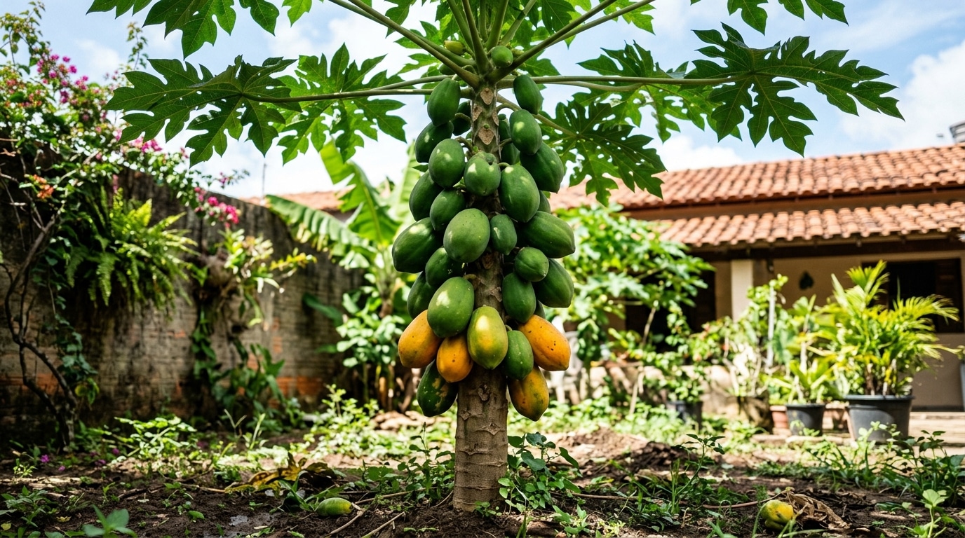 Mamoeiro plantado na terra de um quintal ensolarado, com o tronco repleto de mamões em diferentes estágios, desde os verdes até os amarelos e maduros, com uma casa ao fundo.