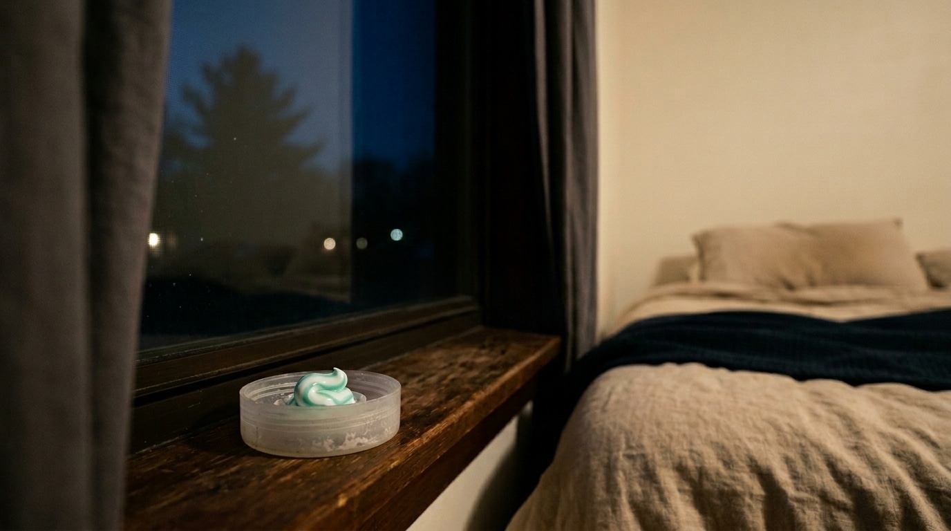 Tampa de plástico transparente com pasta de dente listrada de azul e branco sobre o peitoril de madeira de uma janela fechada à noite, com uma cama ao lado.