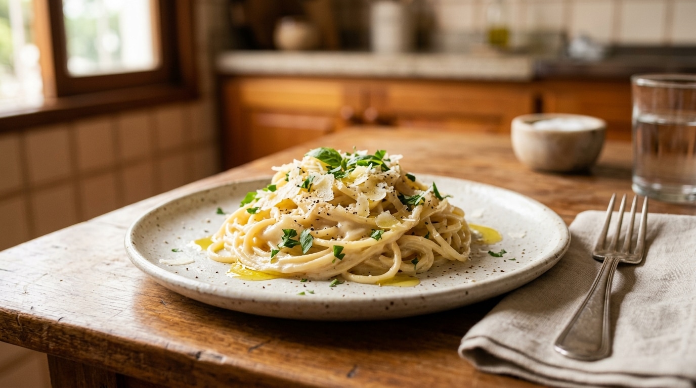 Tigela redonda de vidro contendo macarrão fusilli cru, posicionada sobre uma mesa de madeira com o fundo levemente desfocado mostrando detalhes de uma cozinha aconchegante.