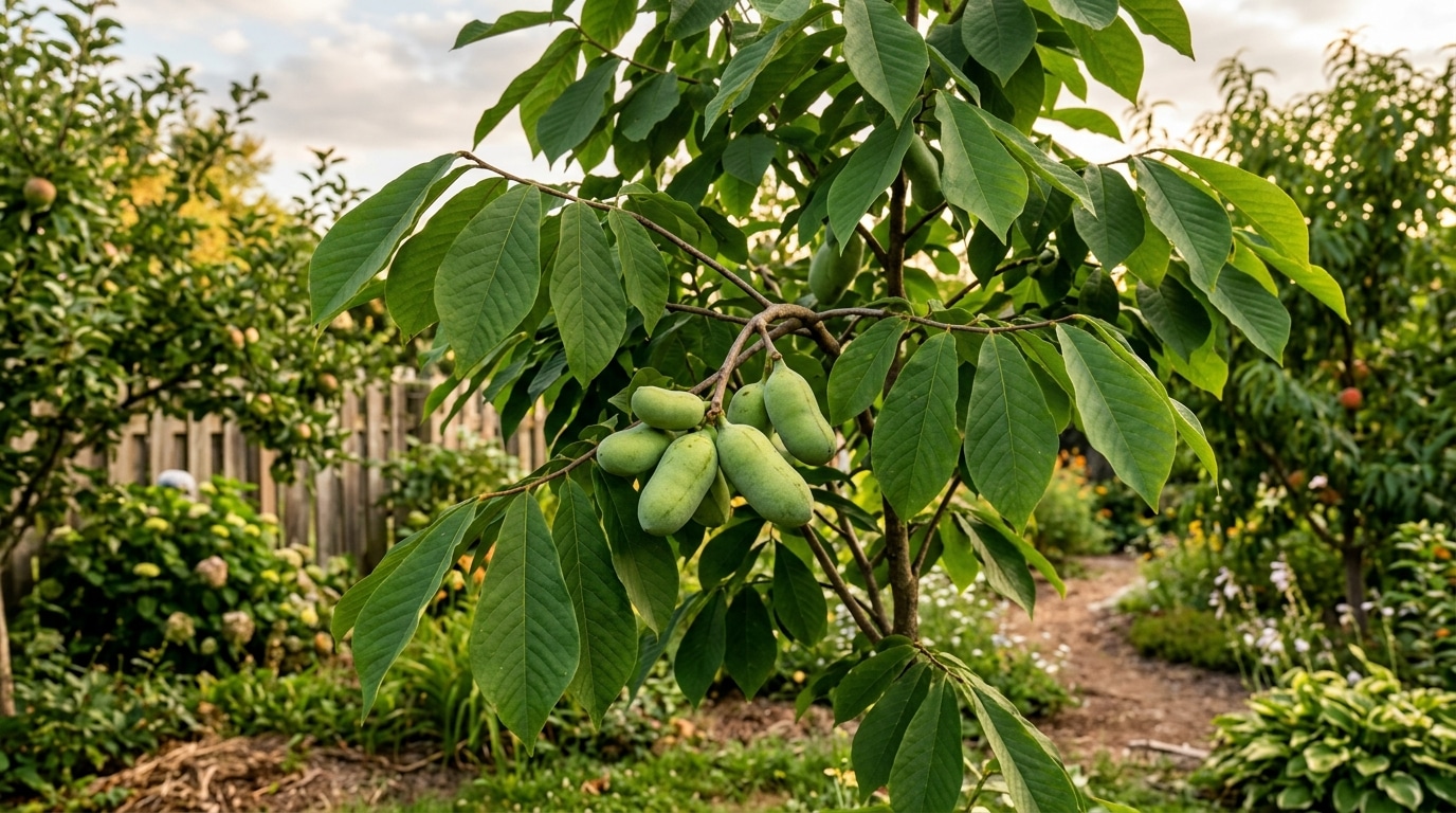 Galho de árvore frutífera com grandes folhas verdes e um cacho de frutos exóticos verdes e ovais pendurados. Ao fundo, um pomar doméstico desfocado com caminho de terra e cerca de madeira.