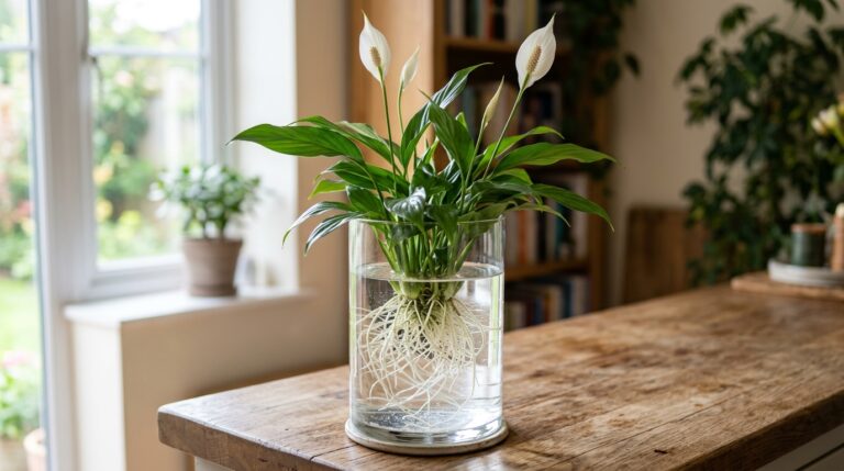Planta Lírio da Paz com folhagem verde e duas flores brancas, cultivada em um vaso cilíndrico de vidro cheio de água. A base revela um denso emaranhado de raízes brancas imersas, sobre uma mesa de madeira rústica.