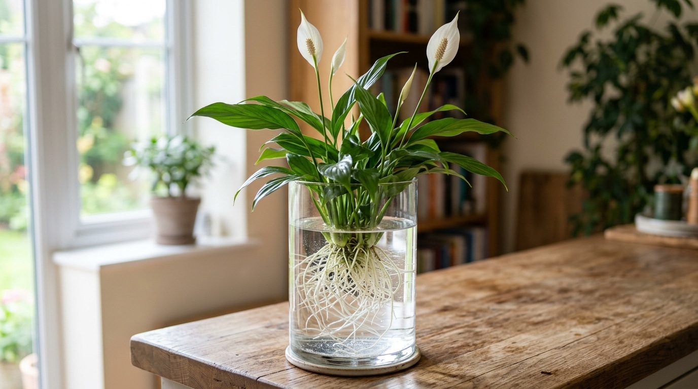 Planta Lírio da Paz com folhagem verde e duas flores brancas, cultivada em um vaso cilíndrico de vidro cheio de água. A base revela um denso emaranhado de raízes brancas imersas, sobre uma mesa de madeira rústica.