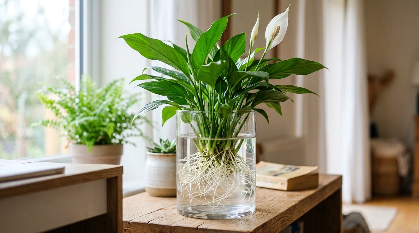 Fotografia em close-up de um Lírio da Paz florido dentro de um vaso de vidro, focando nas raízes brancas e espessas suspensas na água límpida, com luz natural ao fundo.