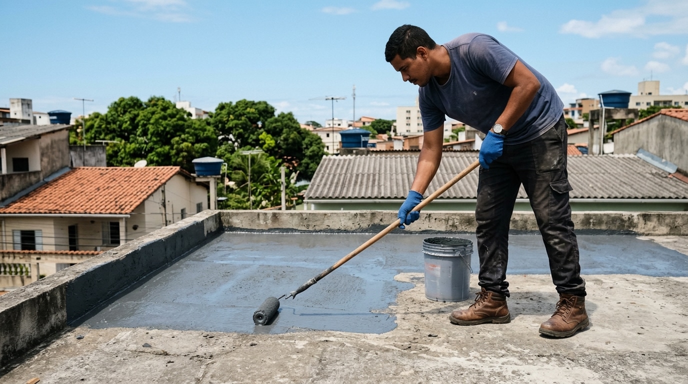 Homem usando botas de couro, luvas azuis e roupas de trabalho aplicando uma manta líquida impermeabilizante de cor cinza sobre uma laje de concreto, utilizando um rolo de pintura com cabo longo.