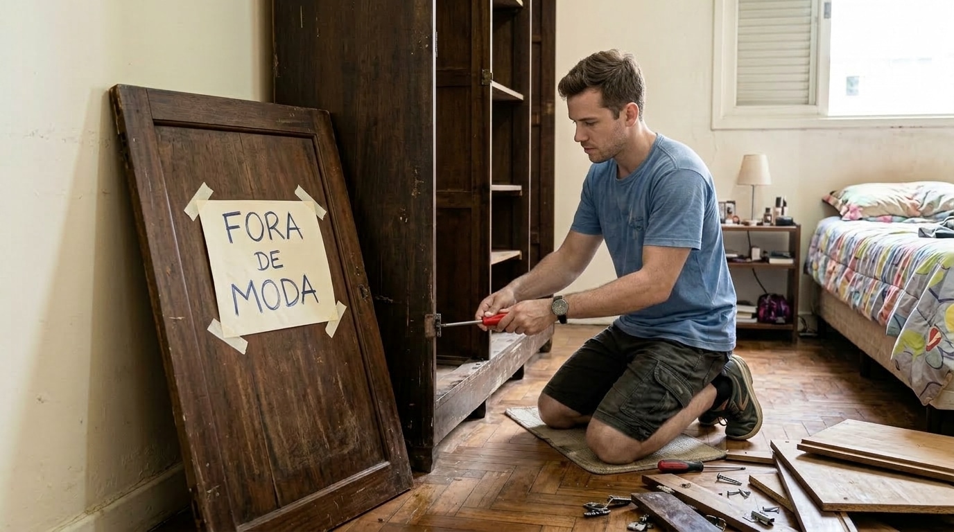Homem ajoelhado no chão de taco de madeira usando uma chave de fenda para desmontar um guarda-roupa antigo e escuro. Ao lado, uma porta do móvel está encostada na parede com um cartaz colado escrito "FORA DE MODA".