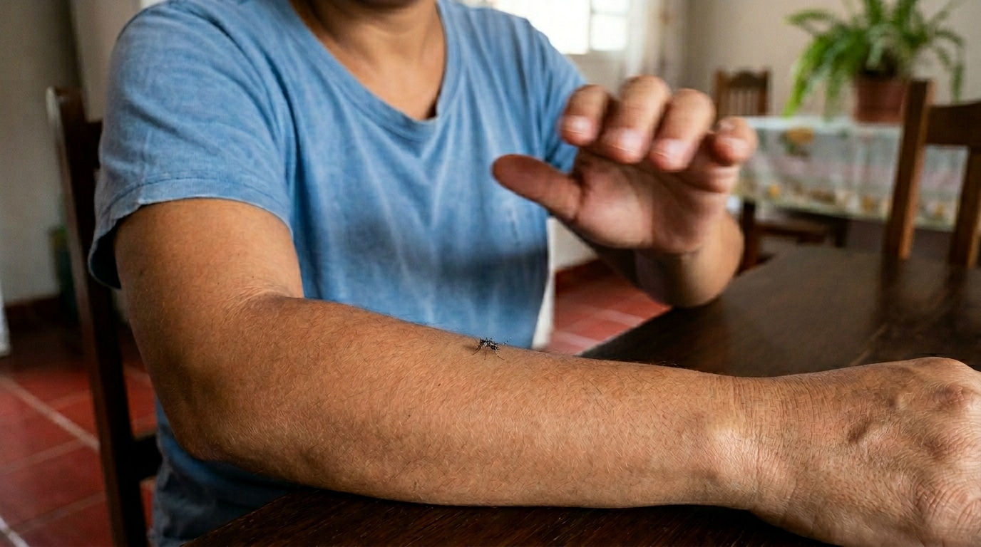 Uma pessoa vestindo camiseta azul sentada à mesa de madeira rústica. No antebraço nu da pessoa, há um mosquito escuro com listras brancas pousado. A mão oposta da pessoa está erguida e desfocada, em movimento para espantar o inseto.