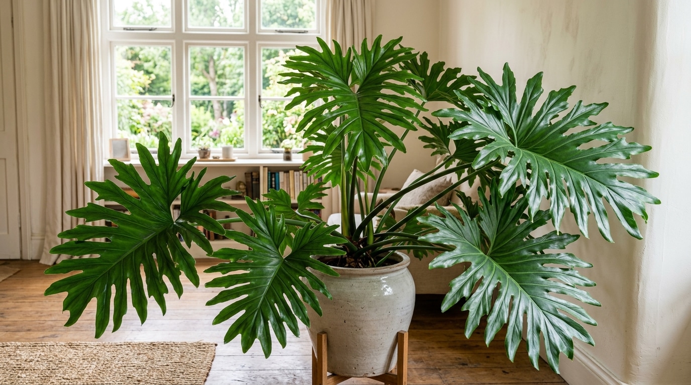 Um filodendro imponente com folhas largas e profundamente recortadas, acomodado em um grande vaso de cerâmica vitrificada cinza-clara sobre um suporte de madeira com pés. A planta domina uma sala de estar elegante com piso de madeira natural, tapete de juta e amplas janelas com vista para um jardim.
