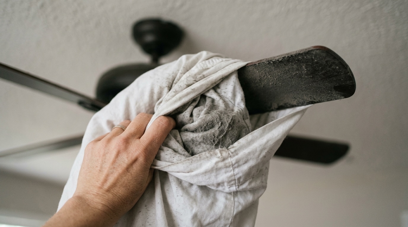 Imagem em close-up de uma mão feminina deslizando uma fronha de tecido branco claro sobre a pá escura de um ventilador de teto. O tecido macio forma dobras volumosas que contrastam com a superfície rígida da pá de madeira.