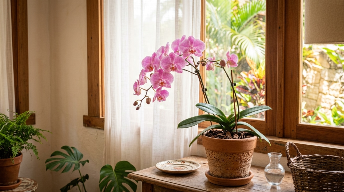 Orquídea Phalaenopsis com flores cor-de-rosa em um vaso de barro sobre um aparador de madeira. Ao fundo, uma janela com cortina branca e vista clara para um jardim.